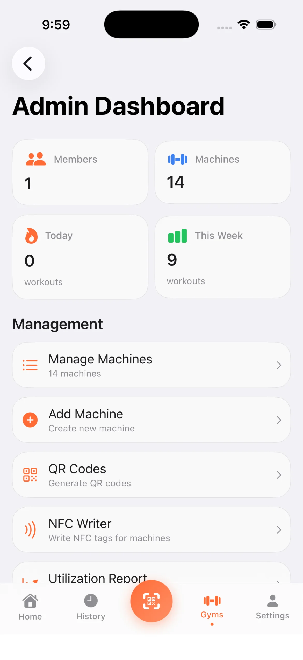 Gym Admin Dashboard Gym admin dashboard showing member count, machine count, workout stats, and management menu for machines, QR codes, NFC writer, and utilization
