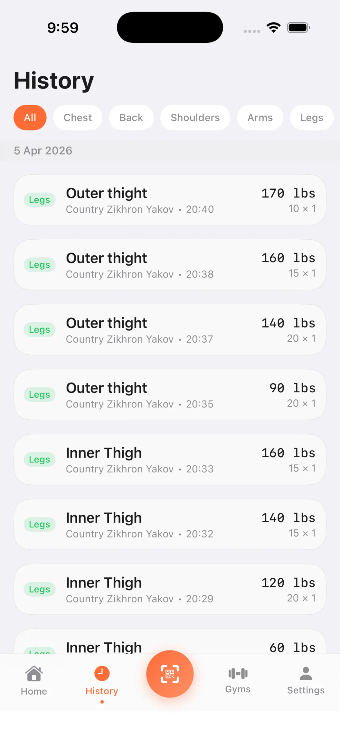 Workout History Workout history screen with muscle group filter tabs showing logged sets with weights, reps, gym name and timestamps