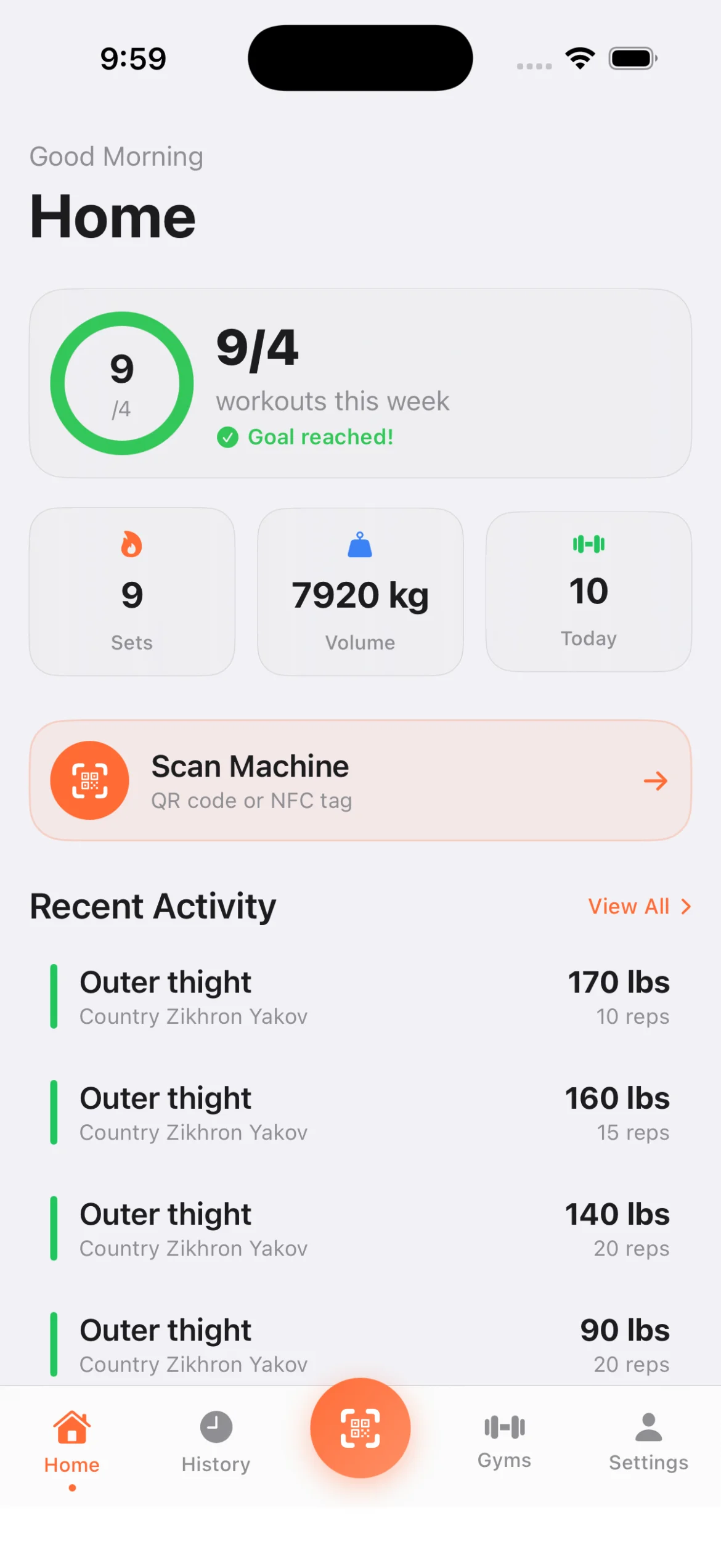 Liftd Home Liftd app home screen with workout stats, scan button, and recent activity