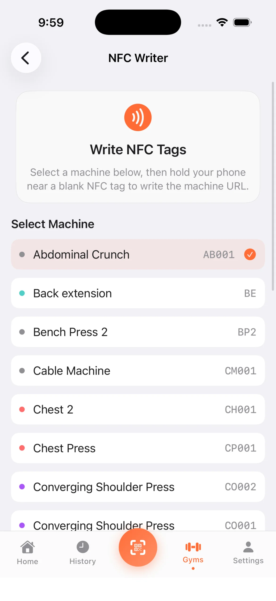 NFC Tag Writer NFC tag writer screen showing machine list with short codes, select a machine then tap phone to NFC tag to write the machine URL