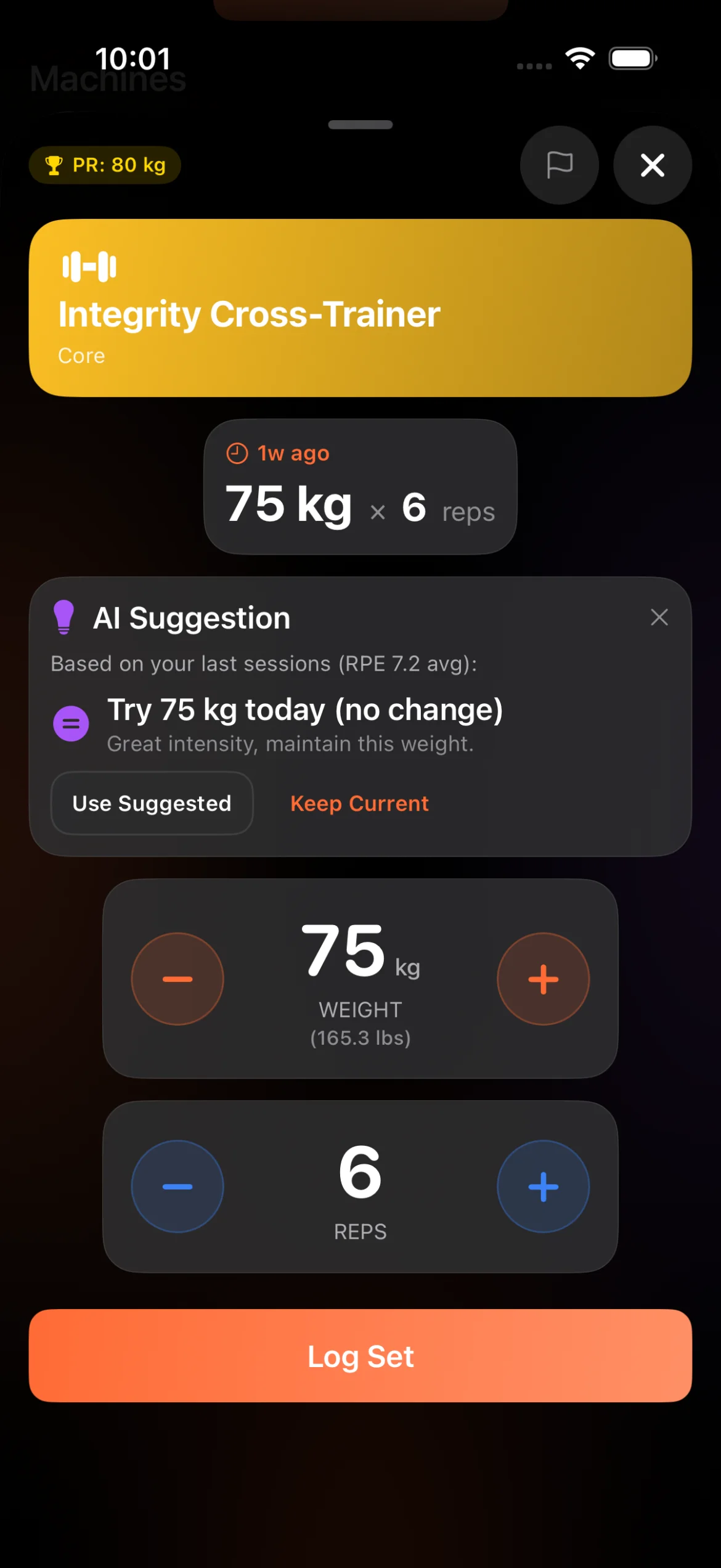 Workout Logging Dark mode workout logging with AI suggestion, weight and reps selector, and log set button