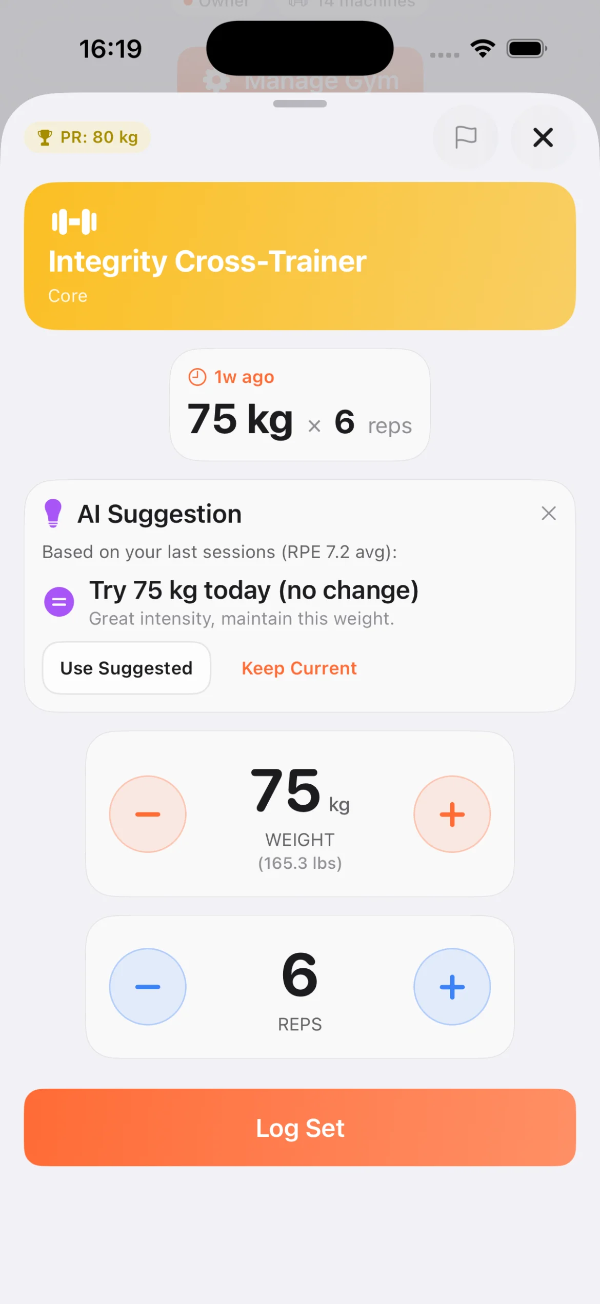 AI Workout Recommendations AI-powered workout suggestions showing recommended weight and reps based on RPE history